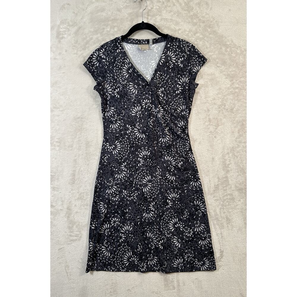 Athleta Nectar Dress Size XS Black Grey Short Sleeve Faux Wrap Travel Athleisure